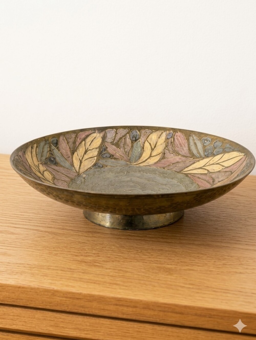 Decorative Brass Pedestal Bowl with Leaf Motif - Gold & Patina